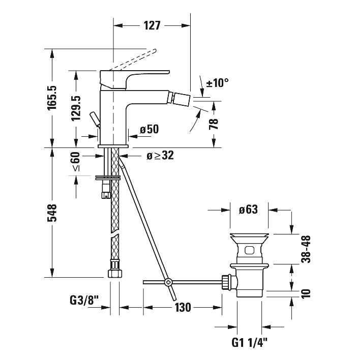 Duravit B.1 Смеситель для биде, 1 отв., с донным клапаном, излив 127мм, цвет: хром