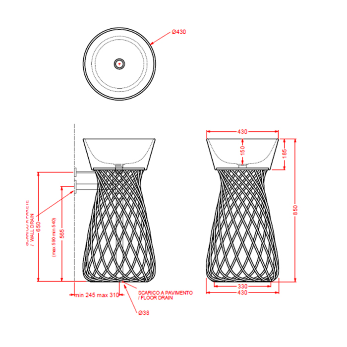 Artceram WIRE Раковина 43 см, без отв., цвет: черный глянцевый