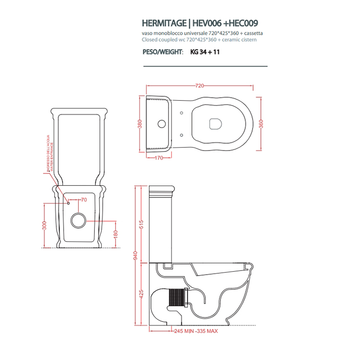 Artceram HERMITAGE унитаз моноблок пристенный  71х36см слив в стену, цвет: белый