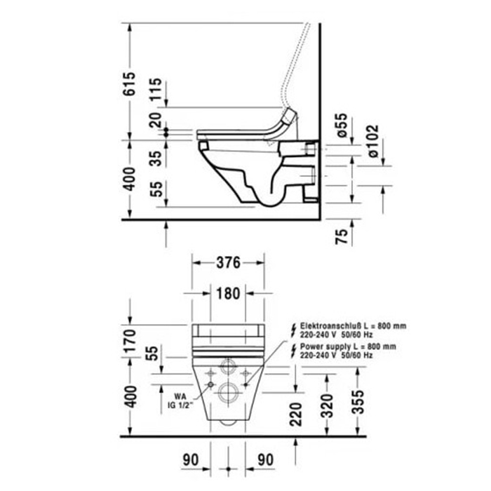 Duravit DuraStyle Унитаз подвесной 62х37см, для крышки-биде Sensowash Slim, цвет: белый 