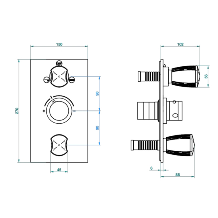 THG Infini Porcelaine Blanche Смеситель для душа, встраиваемый, термостатический, с запор вентил, с переключателем, на 2 полож, внешн часть, цвет: Matt gold PVD