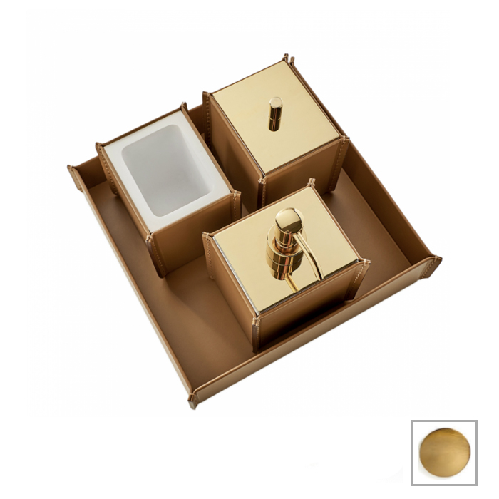 3SC Meridien Набор настольный 26.5х16.5х26.5см (лоток, дозатор, контейнер, стакан из белого композита и гладкой кожи), цвет: Invecchiato/золото сатин пол.