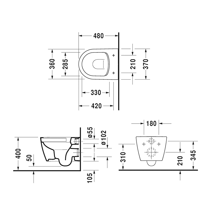 Duravit ME BY Starck Унитаз подвесной 48х37см., Compact Rimless, включая крепление Durafix, цвет: белый