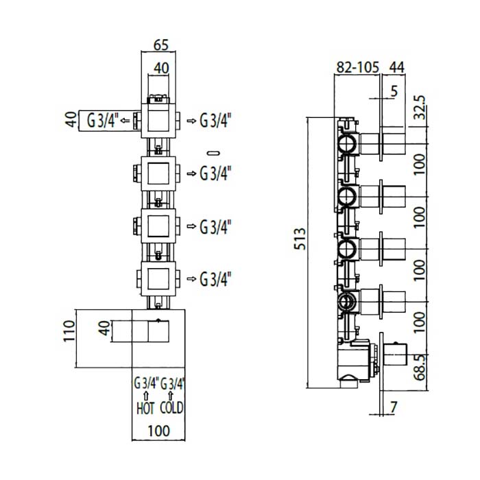 Bossini Oki Термостат для душа, встраиваемый, с девиаторм/3 запорных вентиля на 5 выходов, уст-ка верт/гор., цвет: хром