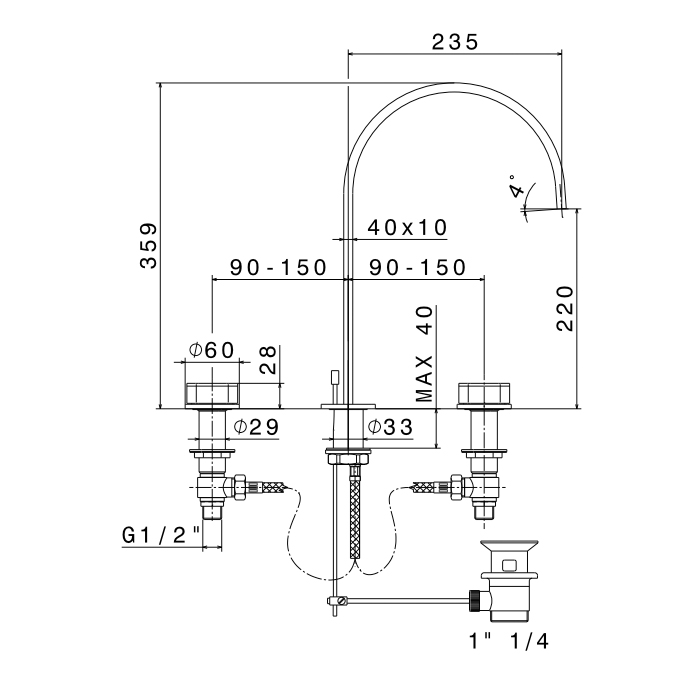Newform ParkLE Смеситель для ванны, высокий, 3 отв., с донным клапаном, цвет: хром/черный матовый