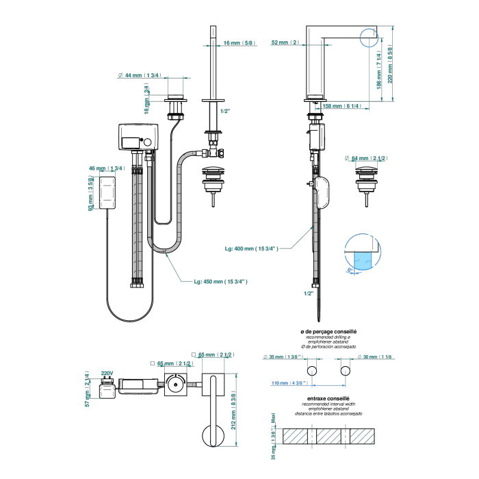 THG ICON-X TITANE Смеситель для раковины, 2 отв., электронный, с донным клапаном, цвет: полированное золото    