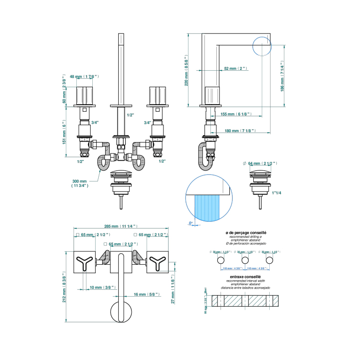 THG ICON-X TITANE Смеситель для раковины, 3 отв., с донным клапаном, цвет: полированное золото