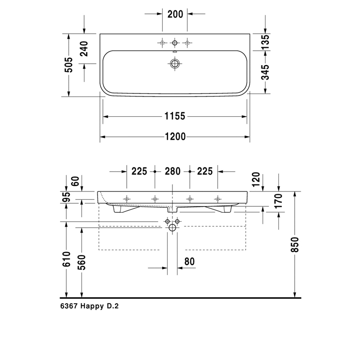 Duravit Happy D.2 Раковина 120х50.5 см, без отв., с переливом, цвет: белый