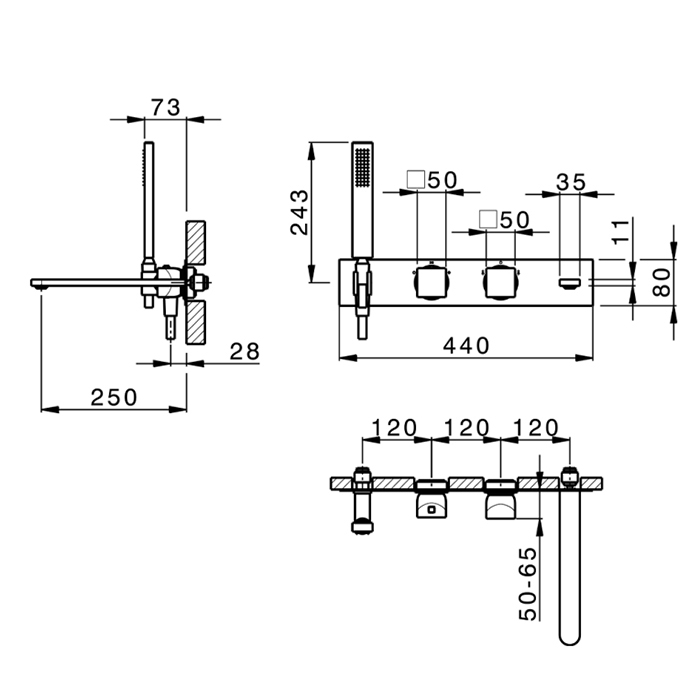 Cisal Hi-Rise Смеситель для ванны, встраиваемый, термостатический, с изливом и ручным душем, внешняя часть, цвет: хром