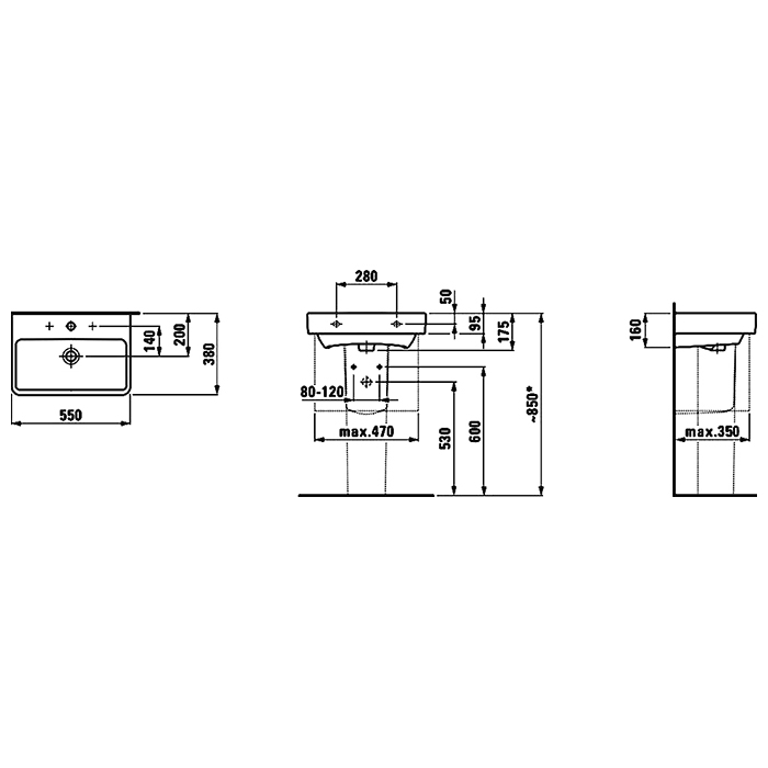 Laufen Pro S Раковина55х38х9,5 см,подвесная/накладная с 1 отв. под смеситель по центу, c переливом, цвет: белый