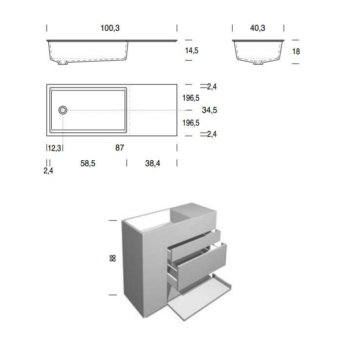 NOORTH milldue edition TOUCH Комплект мебели 100х40х88см, напольный, 3 ящика, слив в пол, раковина Milltek, смеситель H2O, цвет: Argilla матовый