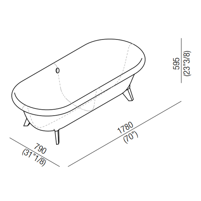 Agape Ottocento Small Ванна отдельностоящая 155x77.5x58 см, слив-перелив нержавеющая сталь, цвет: белый