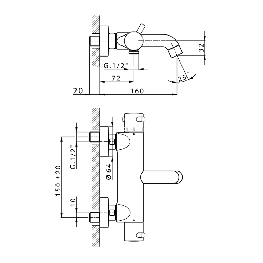 CISAL Less Minimal Смеситель термостатический настенный для ванны/душа с ручной лейкой,держателем и шлангом, цвет: хром 