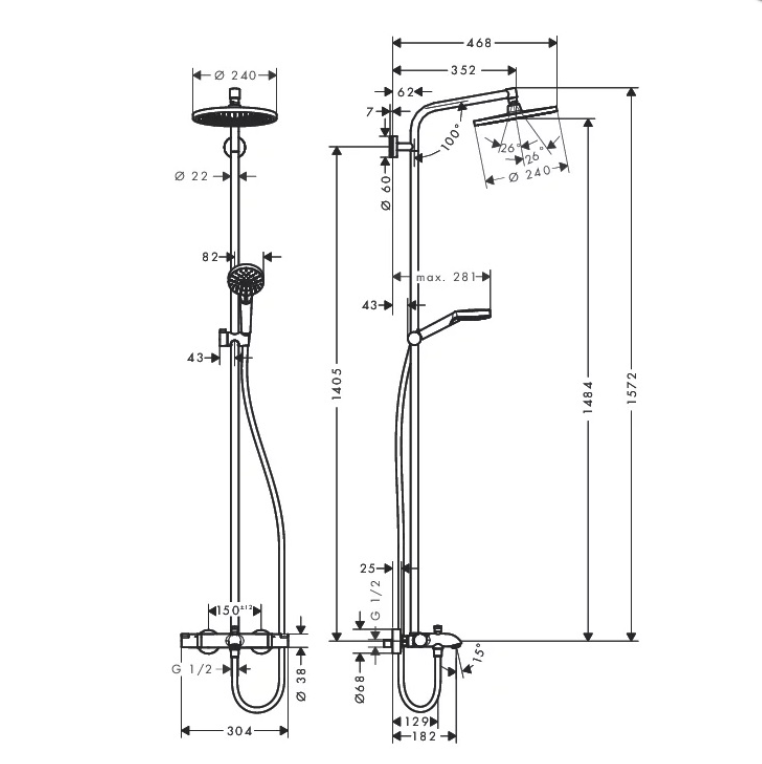 Hansgrohe Crometta Showerpipe S 240 SHP: термостат для ванны + стойка с верхним душем 240мм + ручной душ со шлангом 160мм, цвет: хром