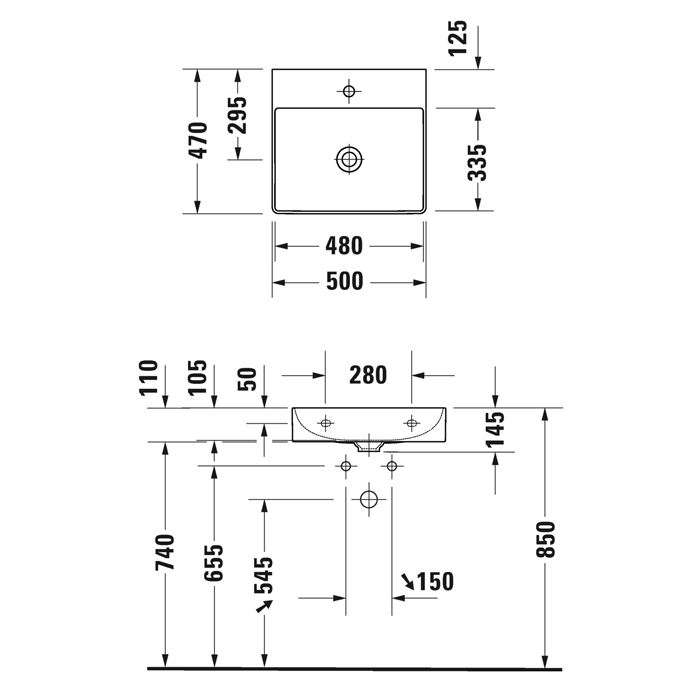 Duravit DuraSquare Раковина подвесная 50х47см, с отметками на 2 отв., без перелива, цвет: белый