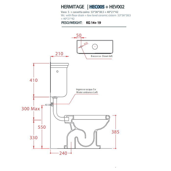 Artceram HERMITAGE Унитаз приставной слив в стену, 36х55см, с крепежом в комплекте, цвет: белый/золото