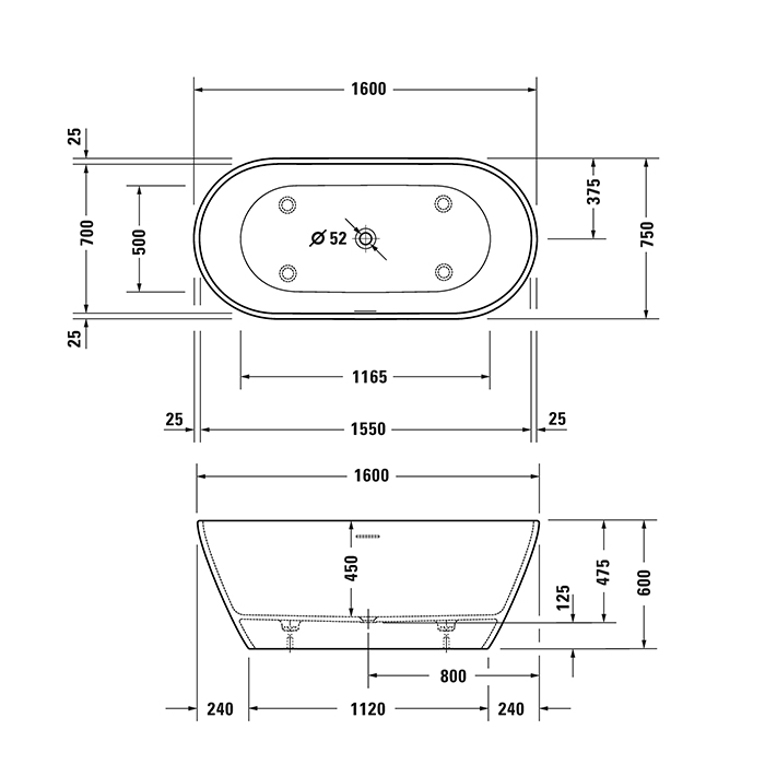 Duravit D-Neo Ванна отдельностоящая 160х75хh60cм., со спец сливом-переливом, цвет: белый