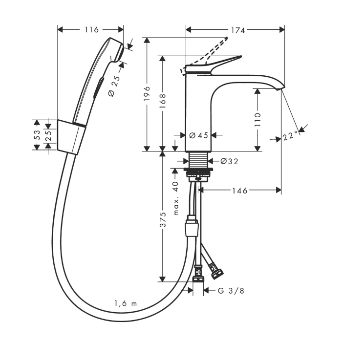 Hansgrohe Vivenis Смеситель для раковины, 1 отв., с набором для биде и со шлангом 160см., цвет: хром