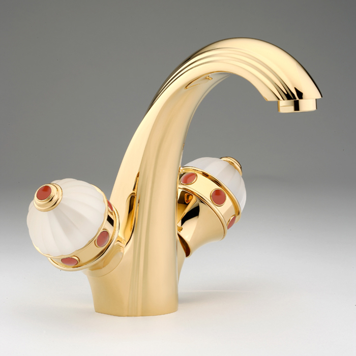 THG Amboise Jaspe rougе Смеситель для раковины на 1 отверстие, с донным клапаном, вставки красная яшма, цвет: полированное золото