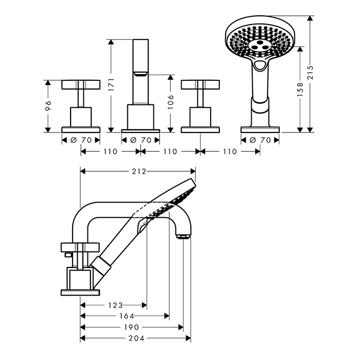 Axor Citterio Смеситель на борт ванны, на 4 отв., с ручным душем, цвет: сталь
