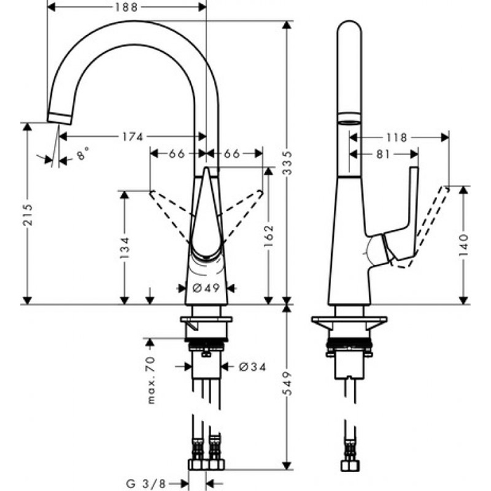 Hansgrohe Talis M51 Смеситель для кухни, на 1 отв однорычажный, поворотный излив 174мм, 1jet, h215мм, цвет: нержавейка