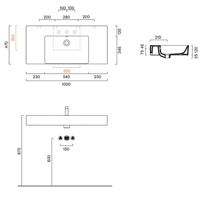 Catalano Premium Раковина 100x47см чаша в центре, без отв., цвет: белый глянцевый