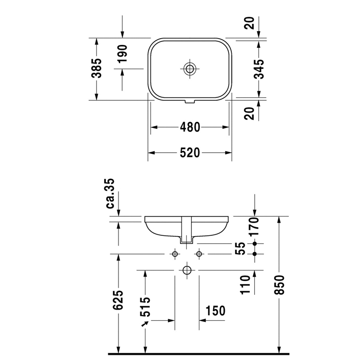 Duravit Happy D.2 Раковина встраиваемая 48х34.5см., без отв. с покрытием WonderGliss, цвет: белый