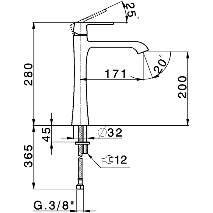 CISAL Cherie Смеситель однорычажный для раковины на 1 отверстие,высокий h200 мм, без донного клапана, цвет: хром/черный матовый