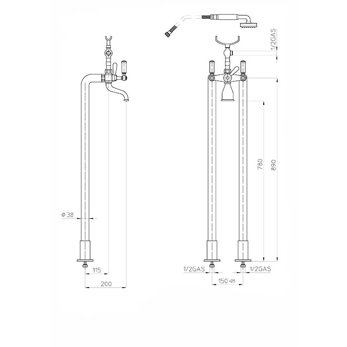 Bossini Liberty Смеситель для ванны, напольный, высота 890 мм, душ лейка Liberty шланг латунь, 150 см ½”FF, цвет: золото