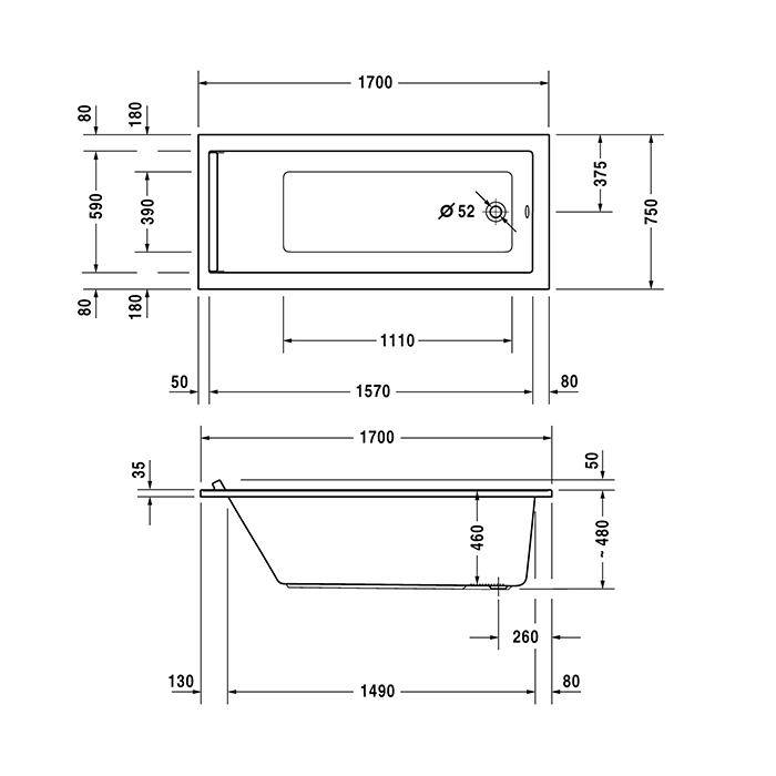 Duravit Starck Ванна 170x75х48см., встраиваемая, акрил, цвет: белый