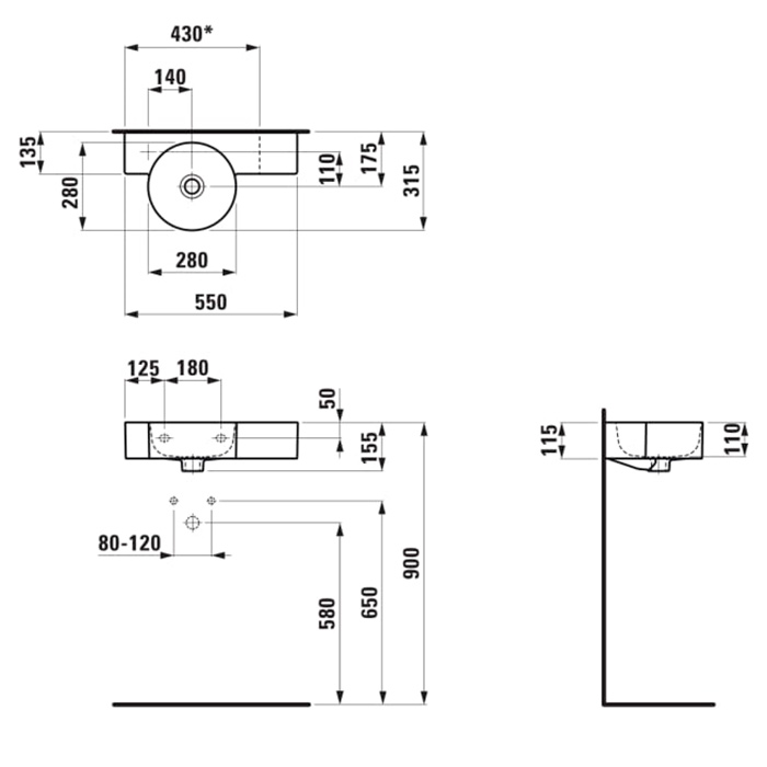 Laufen VAL Раковина с полкой 55x31.5x11.5см., без отв., Dx, цвет: белый
