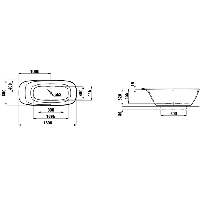 Laufen INO Ванна 180x80x52см, отдельностоящая, с слив-переливом, материал: композит, цвет: белый