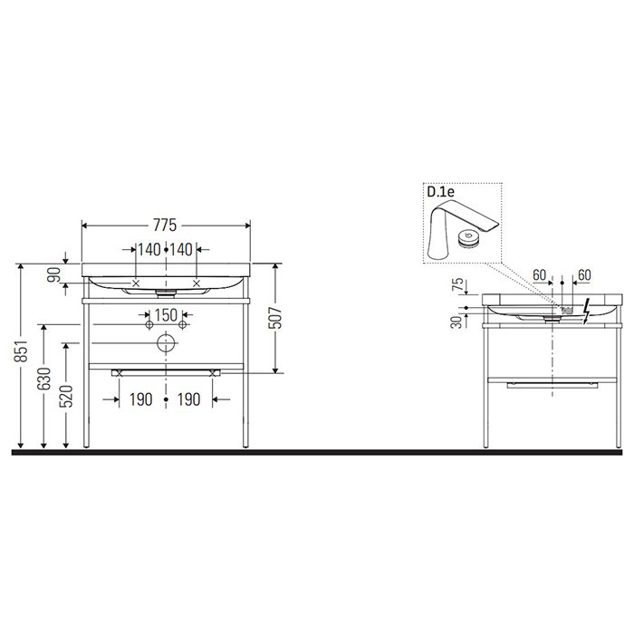 Duravit Happy D.2 Plus Консоль напольная с умывальником 77.5х49х46.8см, с 1 отв под смесит, 1 полка, 1 полотенцедержатель, выпуск, цвет: белый глянцевый/хром