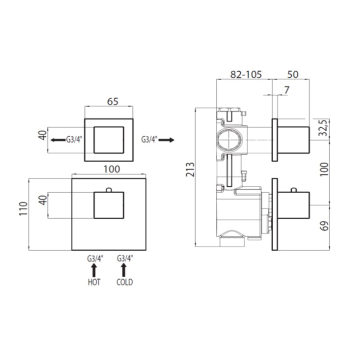 Bossini Rectangular Смеситель для душа, встраиваемый, термостатический, с переключателем на 2 источника, цвет: хром