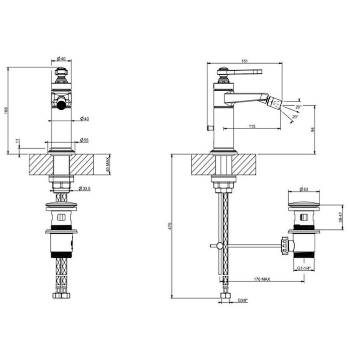 Gessi Venti20 Смеситель для биде, 1 отв., с донным клапаном, цвет: Nickel PVD
