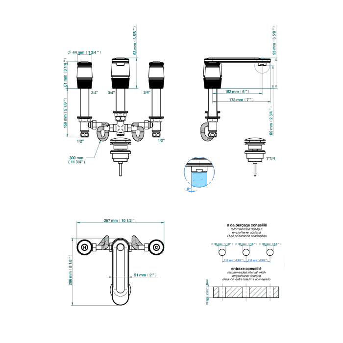 THG CORVAIR Смеситель для раковины на 3 отверстия, для установки на мраморную столешницу, с донным клапаном, цвет: полированное золото