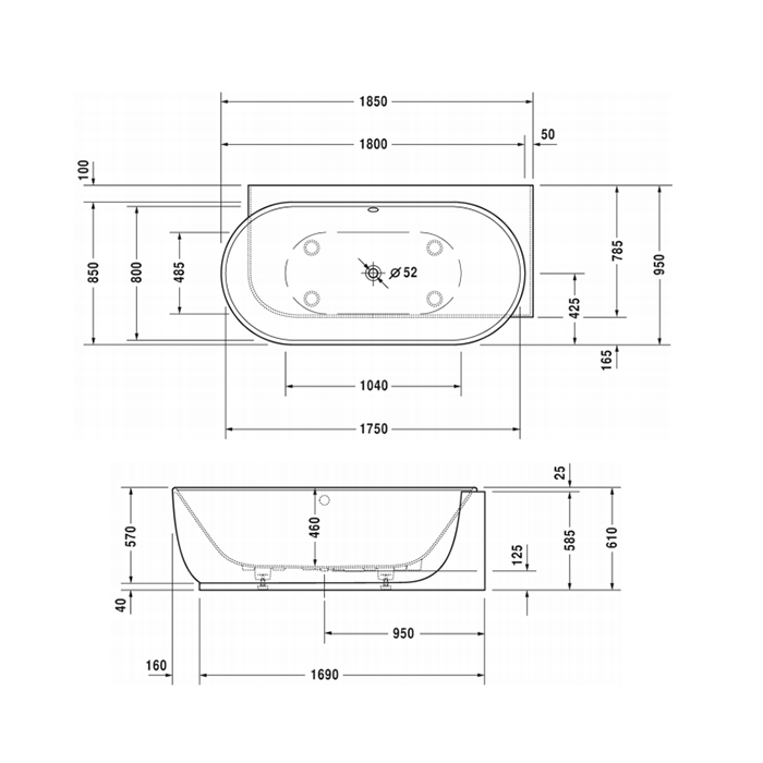 Duravit Luv Ванна из минерального литья 185x95см, цвет белый, с панелью справа и ножками, цвет: белый