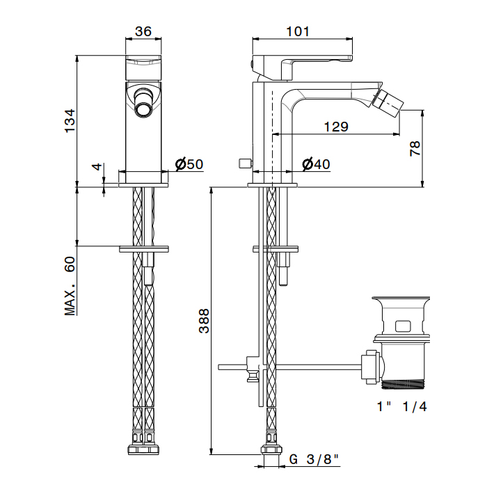 Newform Haka Смеситель для биде, 1 отв., с донным клапаном, цвет: PVD brushed stainless steel