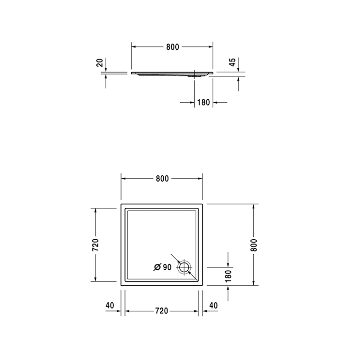 Duravit Starck Slimline Поддон акриловый квадратный 80x80х4.5см., d:9см., цвет: белый