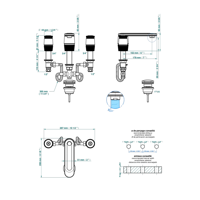 THG CORVAIR Смеситель для раковины на 3 отверстия, с донным клапаном, цвет: полированное золото
