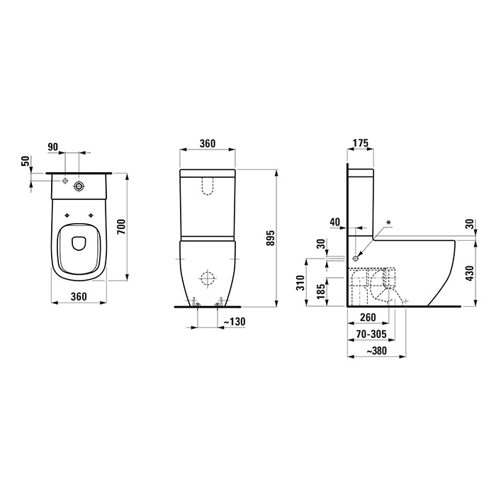 Laufen Palomba Унитаз моноблок 70x36x46см, безободковый, выпуск универсальный, подвод снизу слева, цвет: белый