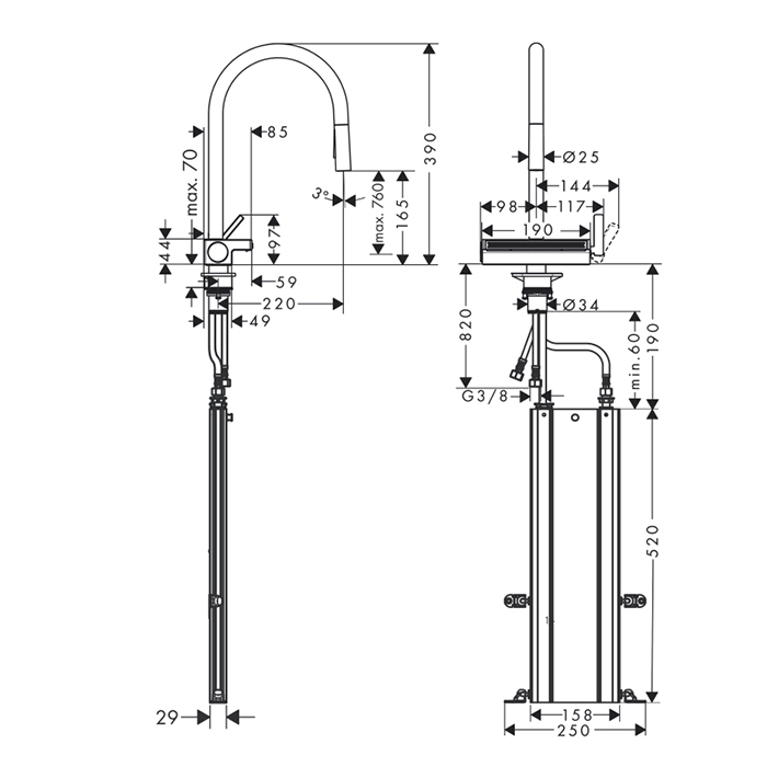 Hansgrohe Aquno Select M81 Смеситель для кухни, на 1 отв, поворотный излив 22см., с вытяжным душем, 3jet, h164мм,+каскад, sBox, цвет: хром