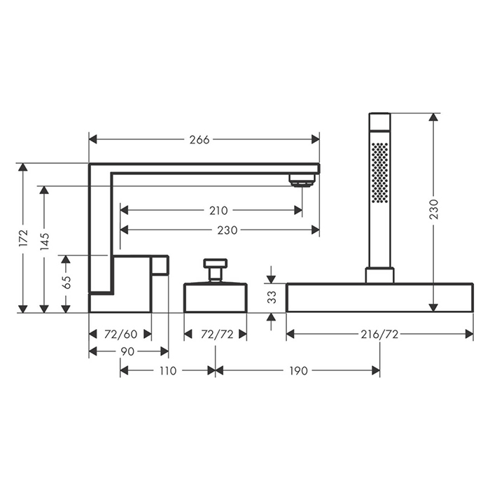 Axor Edge Смеситель на борт ванны, на 3 отв., с ручным душем, излив 210мм, алмазная огранка, цвет: хром