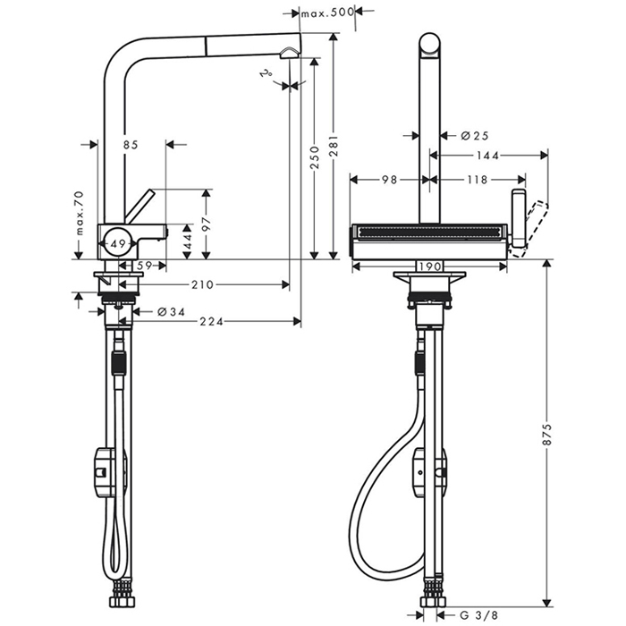 Hansgrohe Aquno Select M81 Смеситель для кухни, 1 отв., с вытяжным душем 2jet, цвет: черный матовый