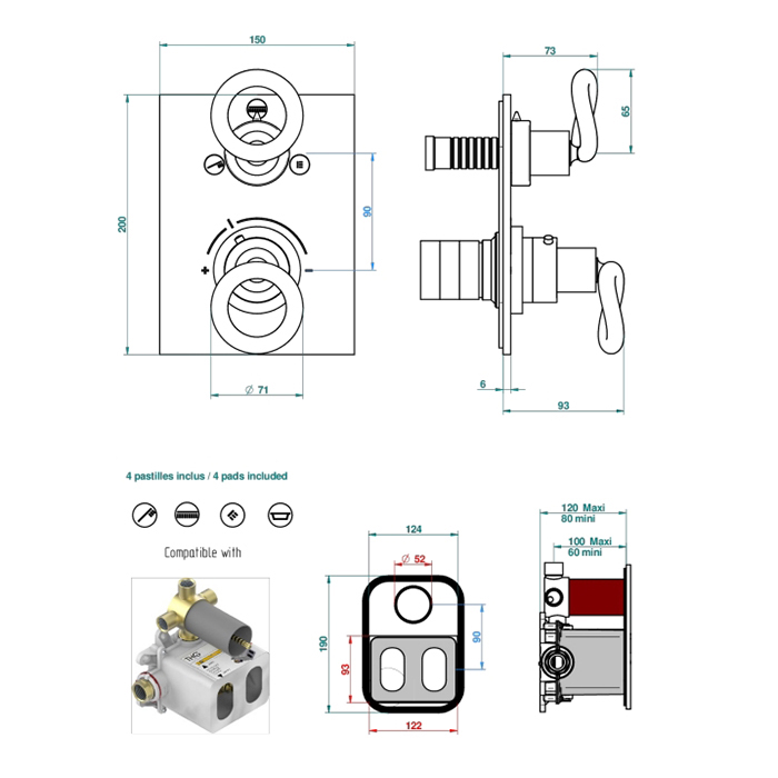 THG Collection O Смеситель для душа, встраиваемый, термостатический, с переключателем на 3 потока, цвет: Soft matt gold