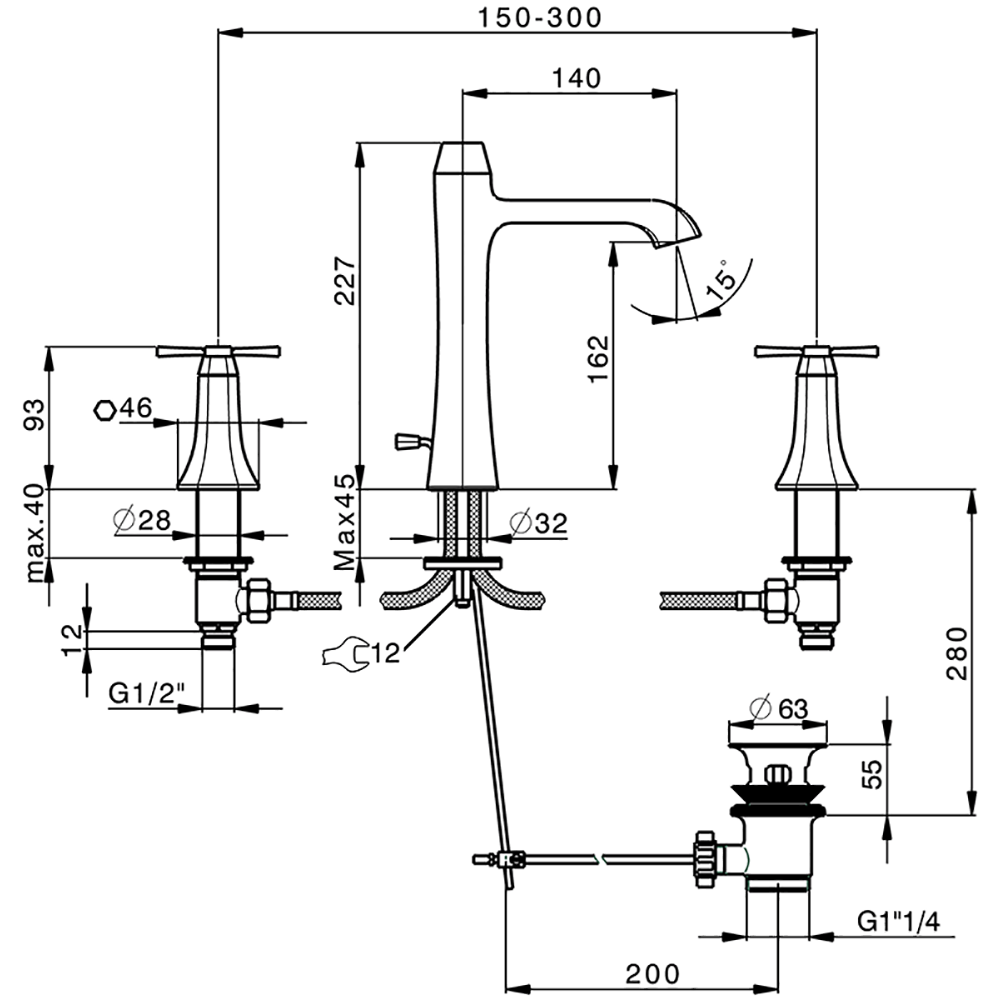 CISAL Cherie Смеситель для раковины на 3 отв. с донным клапаном, цвет: хром/черный матовый