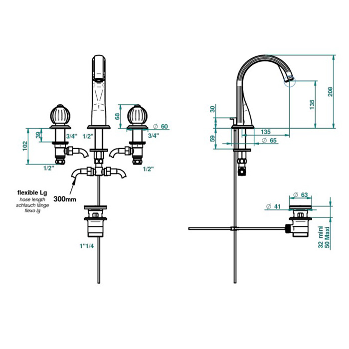 THG  Mandarine metal Смеситель для раковины на 3 отверстия, с донным клапаном, цвет: хром