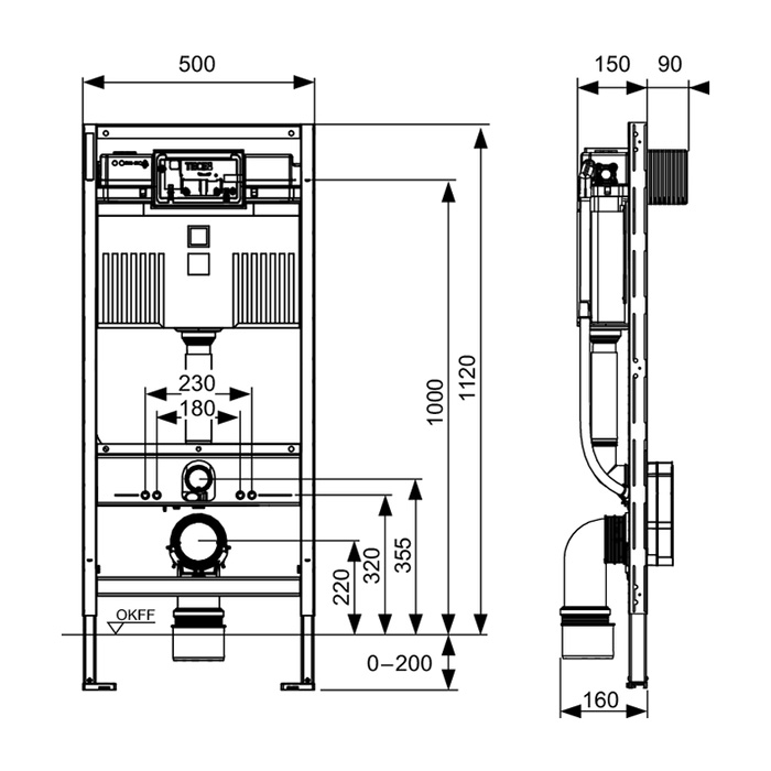 TECEprofil Инсталляция для унитазов-биде, высота h1120мм, без крепления к стене
