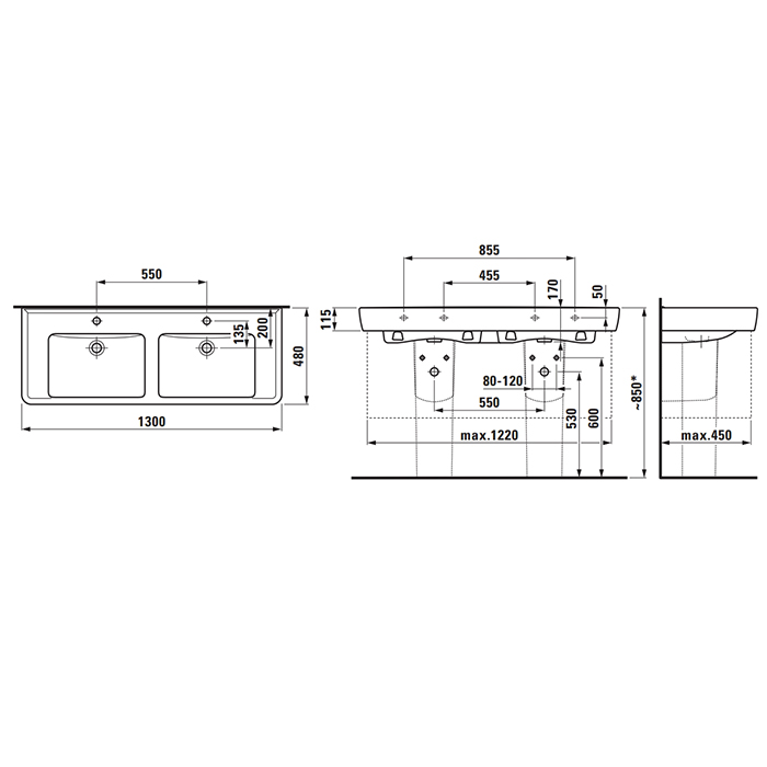 Laufen Pro S Раковина двойная 130x48х11.5см , с 1 отв., на каждую раковину, цвет: белый глянцевый