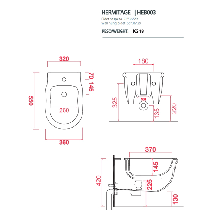 Artceram HERMITAGE Биде подвесное 36х55см с 1 отв под смеситель, с крепежом в комплекте, цвет: белый